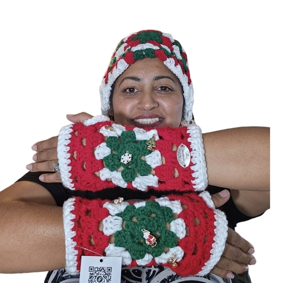 Hand Crafted 3pc Set Holiday Headband fingerless gloves Granny Square 3 colors - Picture 1 of 17